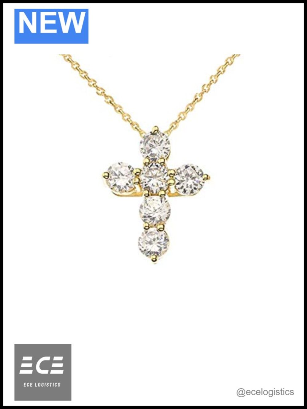 14k Yellow Gold CZ Cross Pendant Necklace Mini 16"